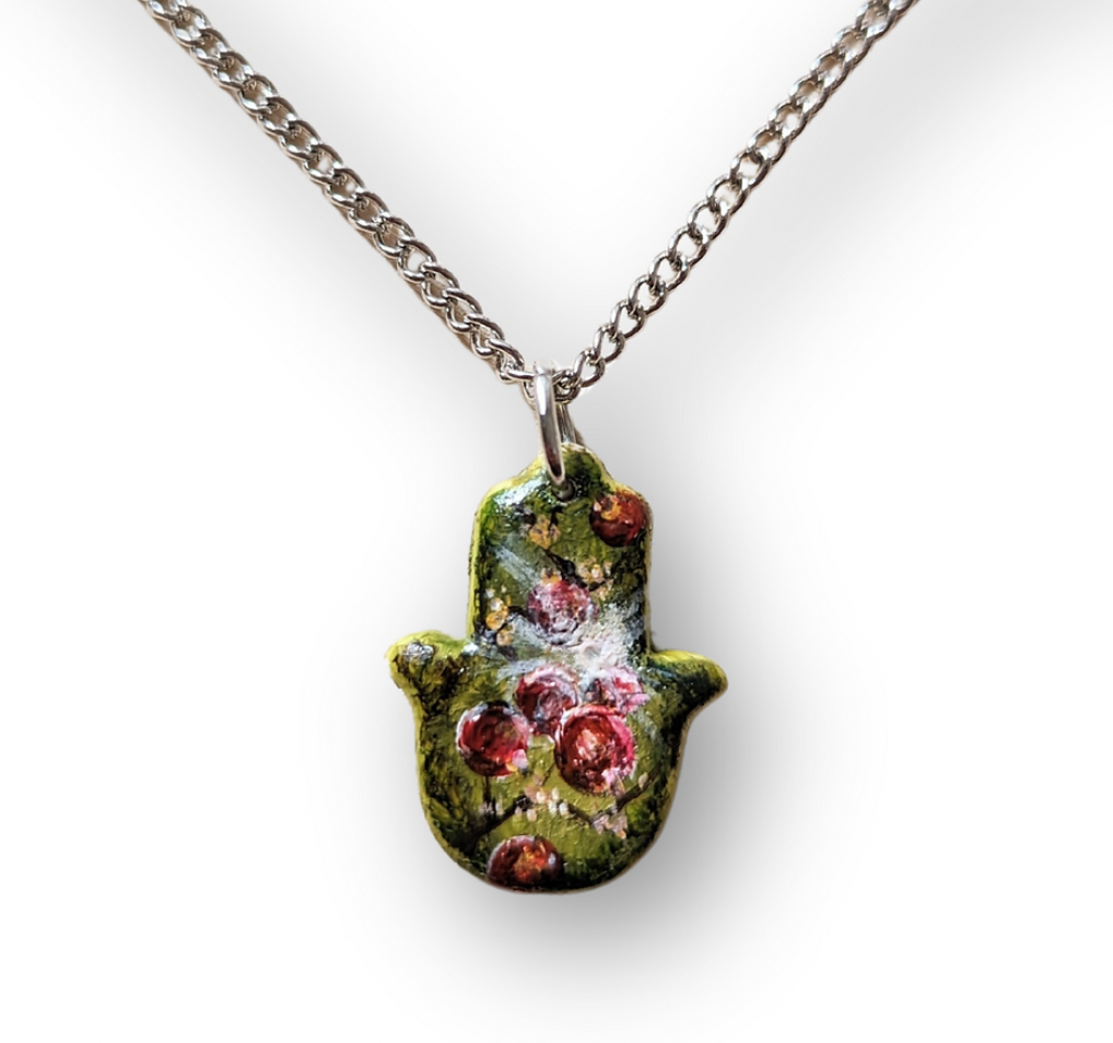 Hand-Painted Pomegranate Hamsa Necklace - Edie's Art Shop